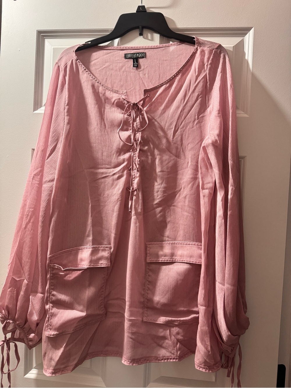 Dolls Kill sheer pink tie sleeve and tie front top